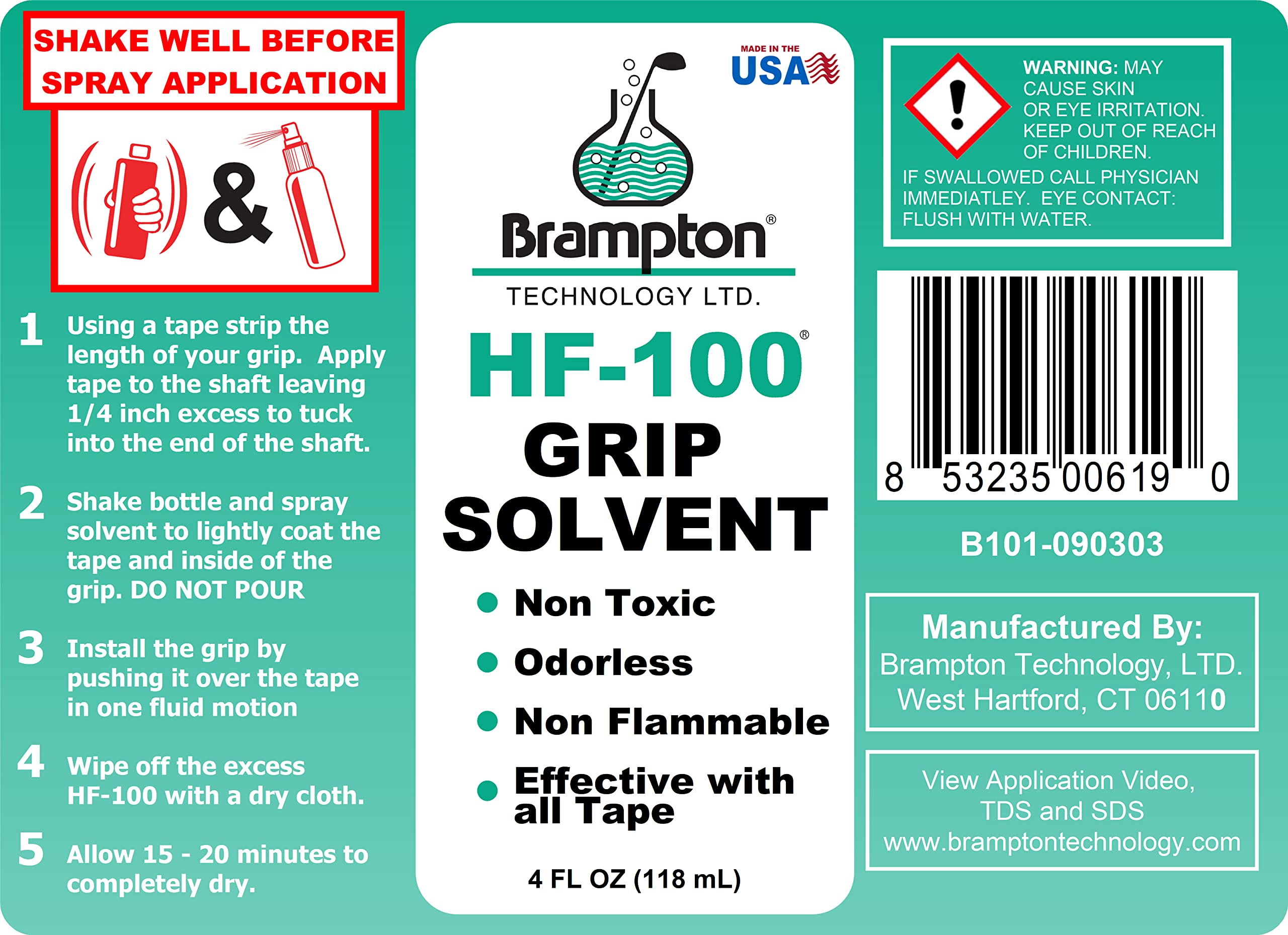 Brampton HF100 Golf Grip Solvent - Non-Toxic and Non-Flammable (4 oz Sprayer)
