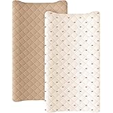 Konssy Waterproof Muslin Changing Pad Cover 2 Pack, Quilted Cotton Fitted Diaper Chang Table Cover, Soft Changing Pad Sheets for Girls Boys (Camel,Sun)