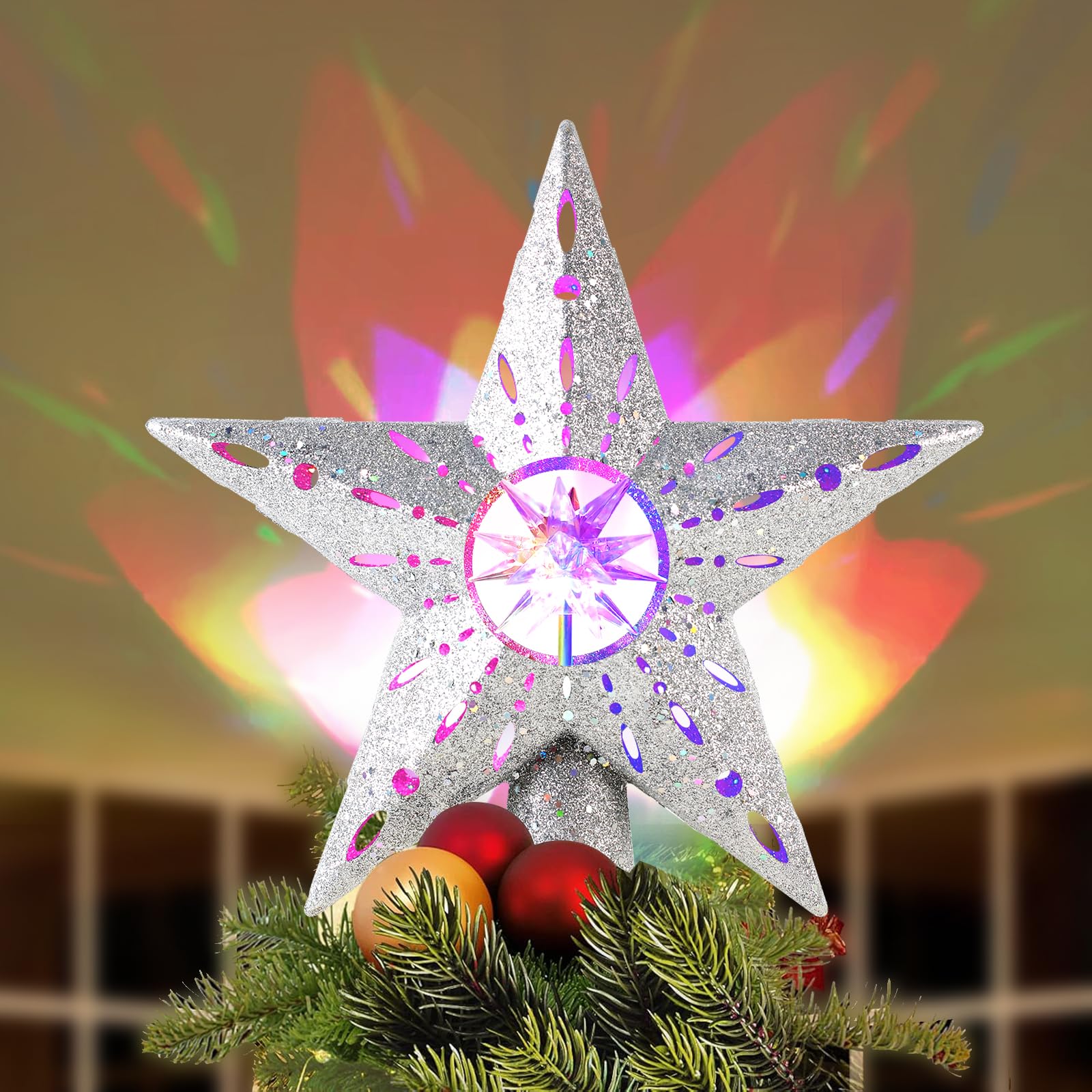 Photo 1 of TEPENAR Christmas Tree Topper Star: 12.2" Xmas Tree Topper Lighted with Automatic Rotating Multicolor 3D Magical Glitter Star Tree Toppers Lights for Home Office Xmas Holiday Decor - Silver