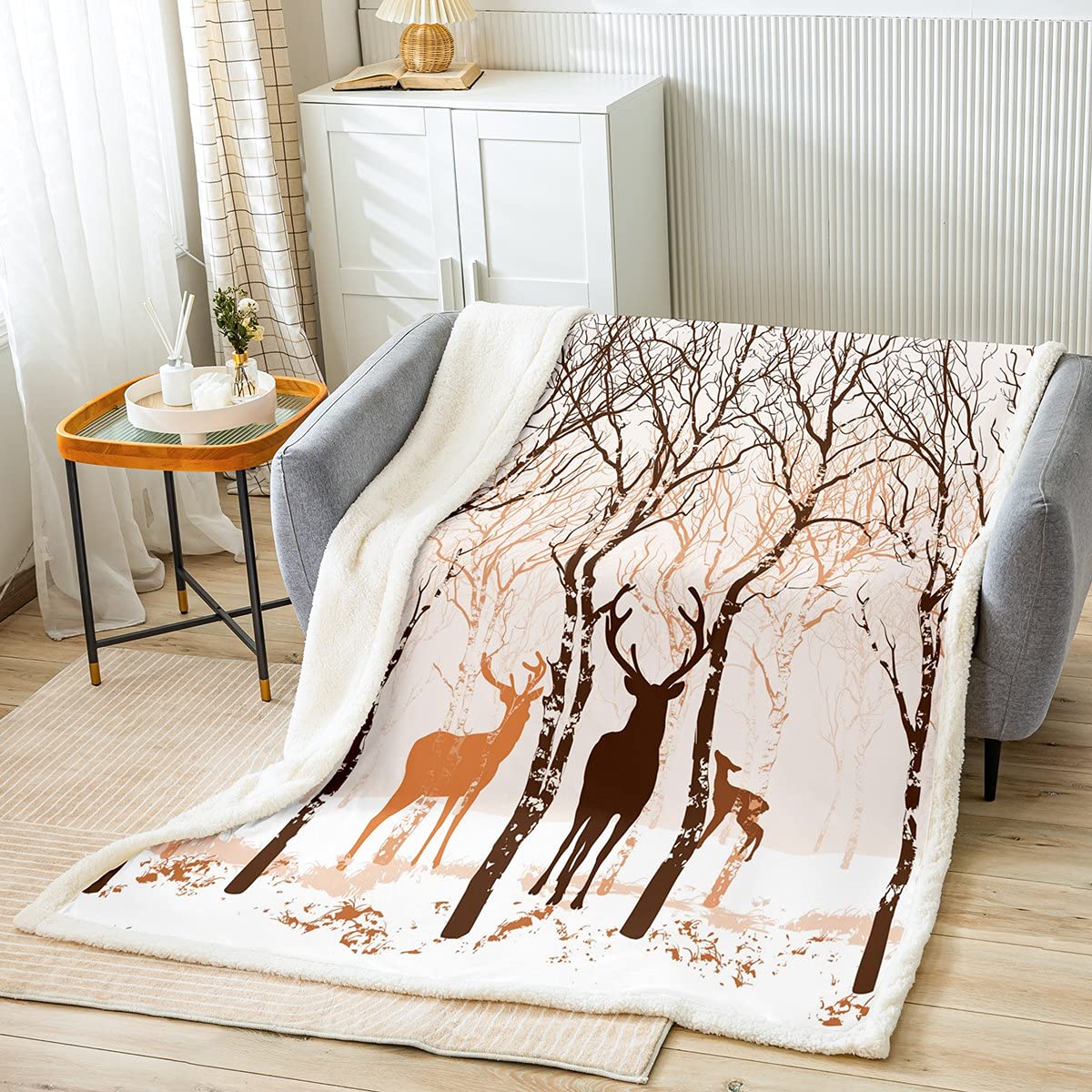 Christmas Deer Flannel Blanket,Winter Snow Wildlife Animal Fuzzy Blanket for Children Xmas Present,Seasonal Trees Natural Style Soft Polyester Throw Blanket for Couch, Twin Size (60 x 79 Inches)
