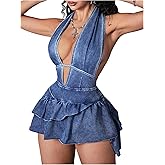 WDIRARA Women's Deep V Neck Tie Backless Halter Denim Mini Dress Sleeveless Ruffle A Line Dresses