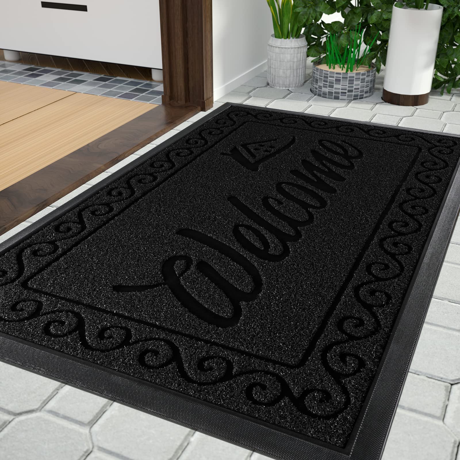 Yimobra welcome door mat, Heavy Duty Sturdy Front Mats for Home Entrance Outdoor Indoor,Non Slip Backing, Exterior Mats for Outside Patio Porch Farmhouse, 81 x 120 cm, Black