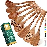 AIUHI Wood Spoons for Cooking, Nonstick Kitchen Utensil Set, Wooden Spoons Cooking Utensil Set Non Scratch Natural Teak Wooden Utensils for Cooking (Teak 8 Pack)