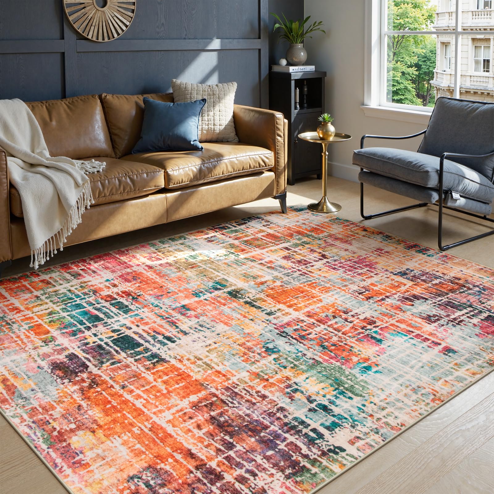 Photo 1 of Beeiva Abstract Rugs for Living Room 5x7, Modern Washable Non Slip Area Rug, Ultra Thin Foldable Low Pile Carpet for Dining Room Office Bedroom Playroom - Multicolor