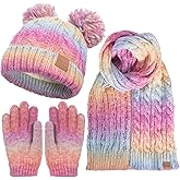 Toddler Winter Hat Scarf Gloves Set, Gradient Fleece Lined Beanie with Pom Knit Mittens for Kids Boys Girls 3-8 Yrs