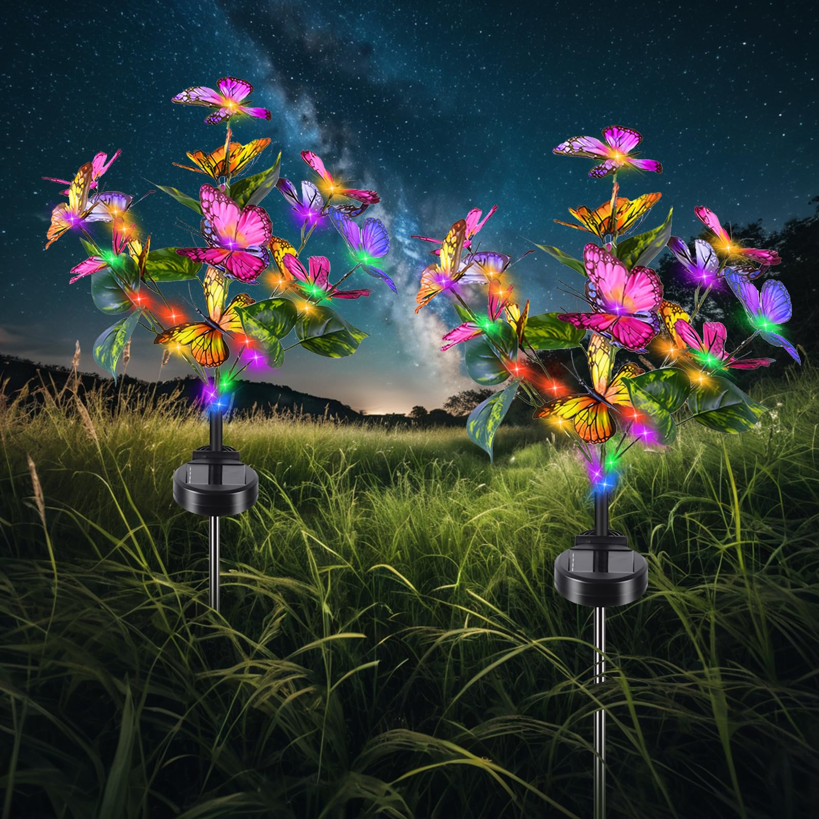 Qoosea 2 Pack Butterfly Solar Garden Lights with LED Panel and 2 Lighting Modes - IP65 Waterproof Outdoor Flower Decorations for Yard and Lawn