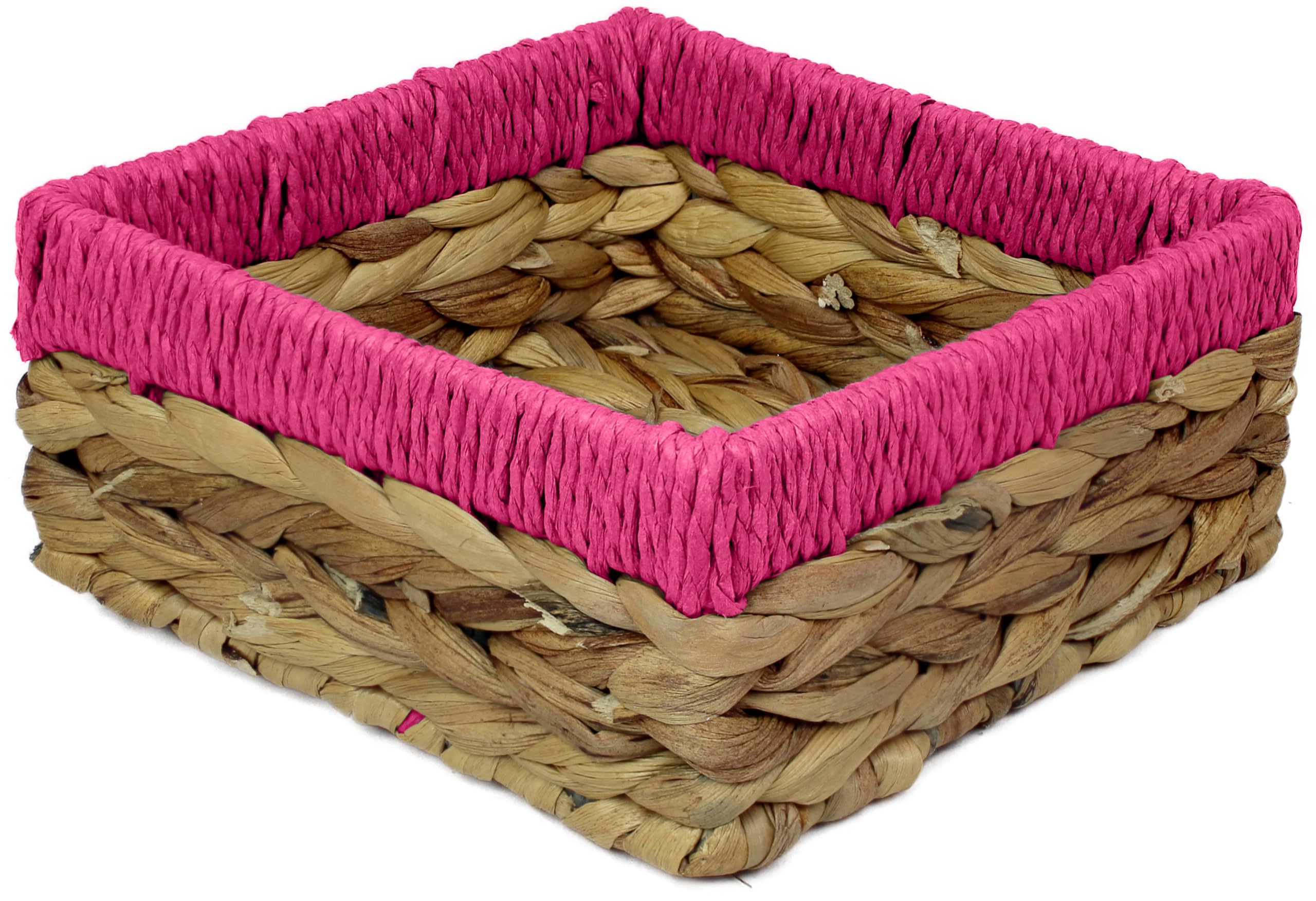 Small Water Hyacinth Square baskets for storage. Natural with Pink edges for shelves open hamper decorative gift mini tray make up Kitchen organiser (1 x Pack, Medium 18cm)