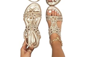 Dbzhuyn Flat Sandals for Women Dressy,Sandals Women Dressy Summer Flat Women's Rhinestone Beaded Flower Bohemia Low Heeled Sandals Fashion Comfortable Crystal Beach Sandals Flat Shoes