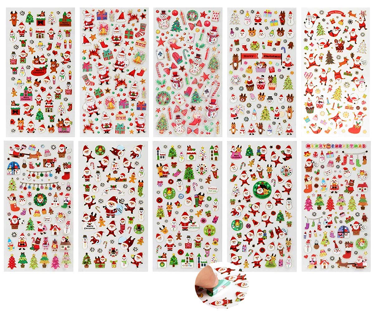 Bkrdty Xmas Themed Stickers 10 sheets Christmas Glitter Decals Stickers Cute Flakes Graphic Decals for Xmas Gift Scrapbooking DIY Craft Decoration