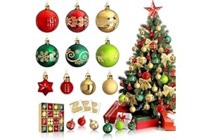 AVCNUJ 60Pcs Christmas Balls Ornaments, 2.36" Red Green Gold Christmas Tree Decorations, Shatterproof Christmas Ornaments Set for Xmas Tree Wreath Garland Holiday Party Decor