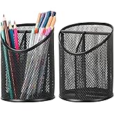 Delifox 2 Pack Pen Holder Mesh Round Pencil Holder Desktop Organizer 3 Compartments, Black