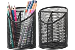 Delifox 2 Pack Pen Holder Mesh Round Pencil Holder Desktop Organizer 3 Compartments, Black