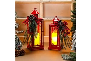 Baquler Red 2 Pcs Christmas Metal Candle Lantern and LED Fake Candles 12'' and 15'' Decorative Lanterns with Xmas Ornament for Porch Outdoor Indoor Decoration Party Gift