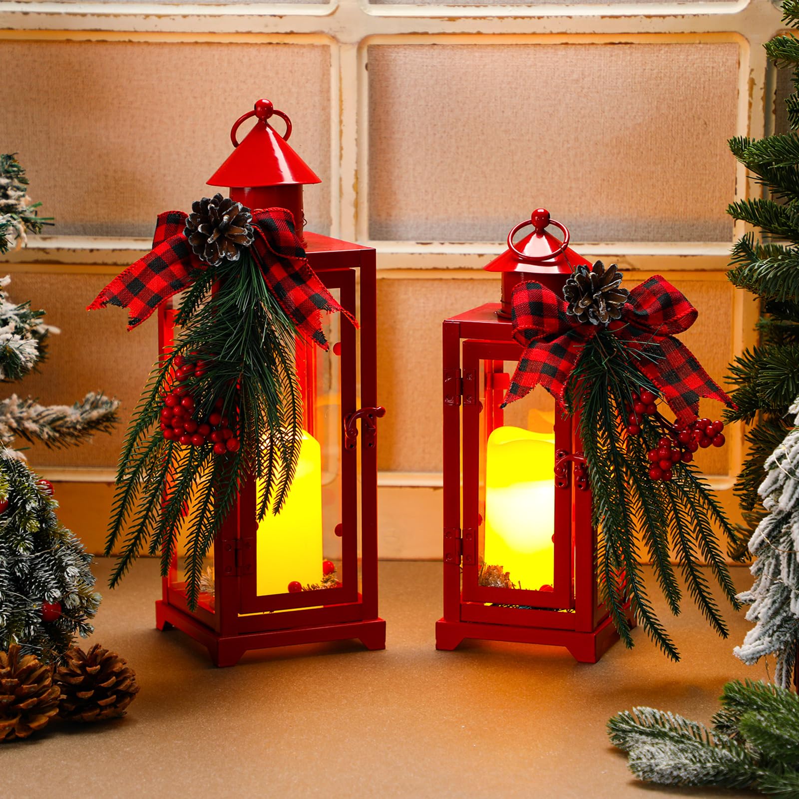 Photo 1 of Baquler Red 2 Pcs Christmas Metal Candle Lantern and LED Fake Candles 12'' and 15'' Decorative Lanterns with Xmas Ornament for Porch Outdoor Indoor Decoration Party Gift