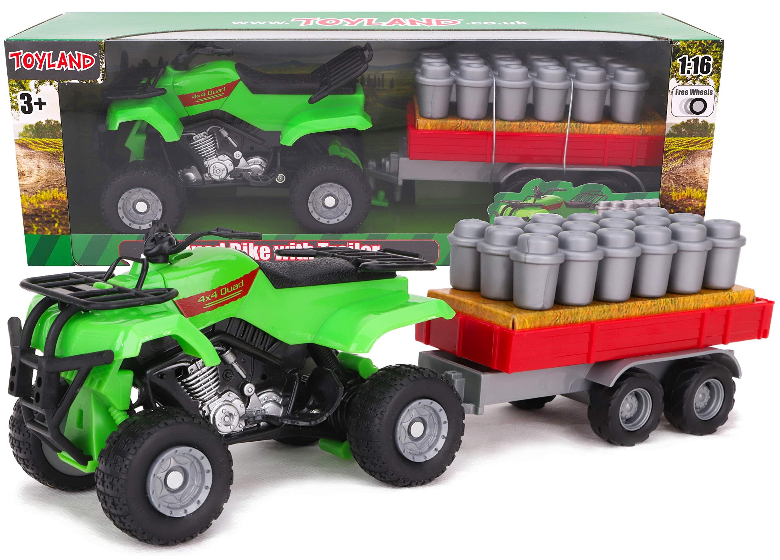 Toyland® Farm Quad & Trailer Playset - 1:16 Scale Free-Wheel Action Quad Bike - Boys Farm Toys with Detachable Trailer - Green Agricultural Toy Vehicle