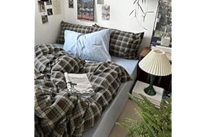 MKXI Full Size Blue, Brown & Green Buffalo Plaid Duvet Cover Set - 3 Piece Vintage Aesthetic Bedding Set, 100% Washed Cotton, Minimalist Design, Soft & Breathable Duvet Cover with Zipper Closure