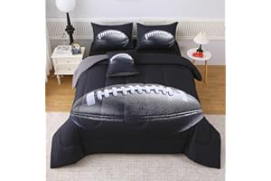 JQinHome Full Football Themed Comforter Sets for Boys, 6 Piece Bed in A Bag 3D Sport Bedding - All Season Soft Microfiber, with Pillowcase, Flat Sheet, Fitted Sheet, Cushion Cover(Rugby Black)