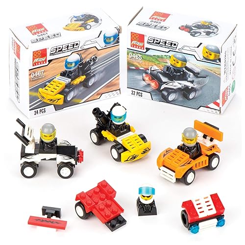 Baker Ross Build Your Own Brick Racer Kit Value Pack— Novelty Toys for Kids, Perfect Party, Loot, Prize Bag and Stocking Filler (Pack of 4)