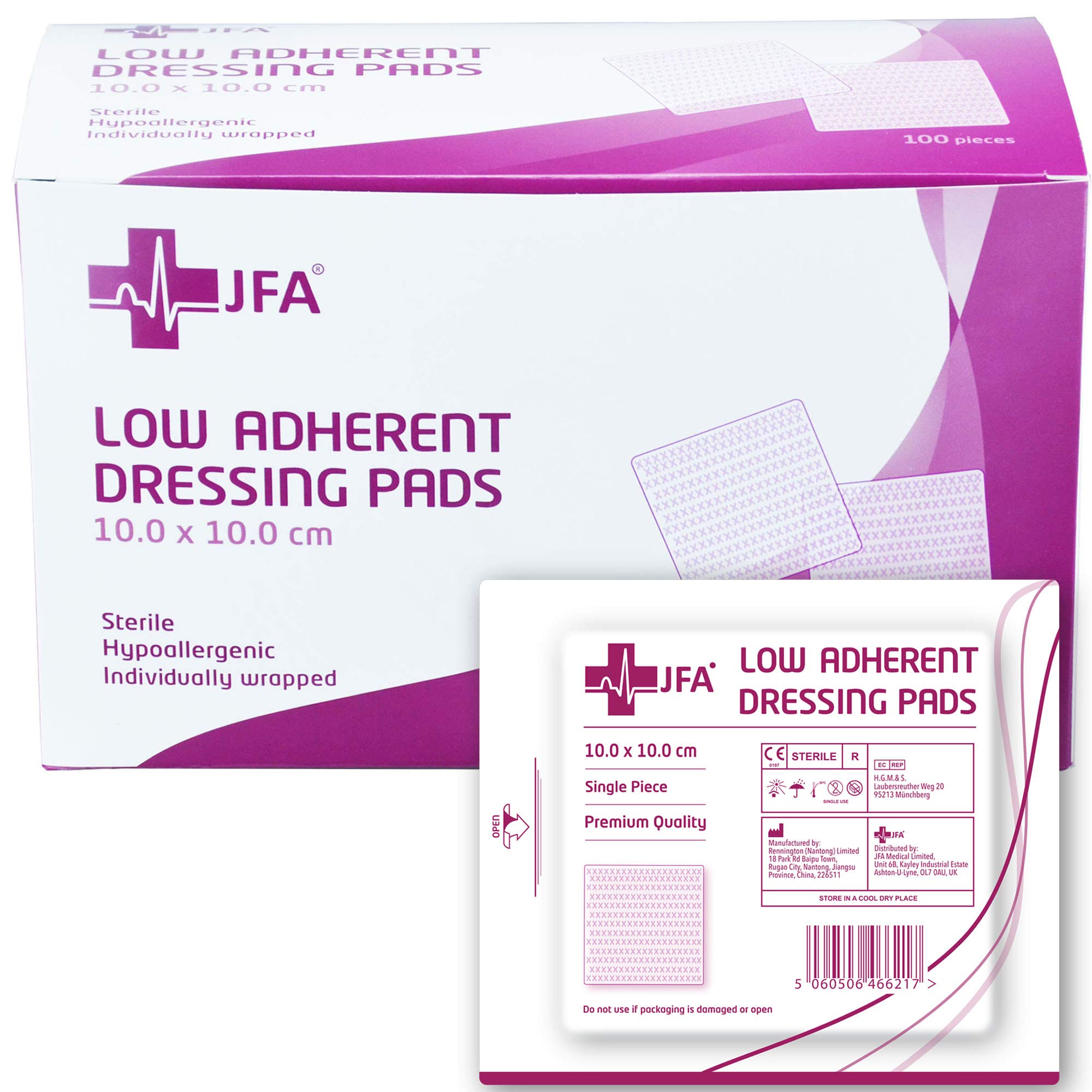 JFA Medical Low Adherent Sterile Absorbent Wound Dressing Pad 10cm x 10cm – Pack of 100