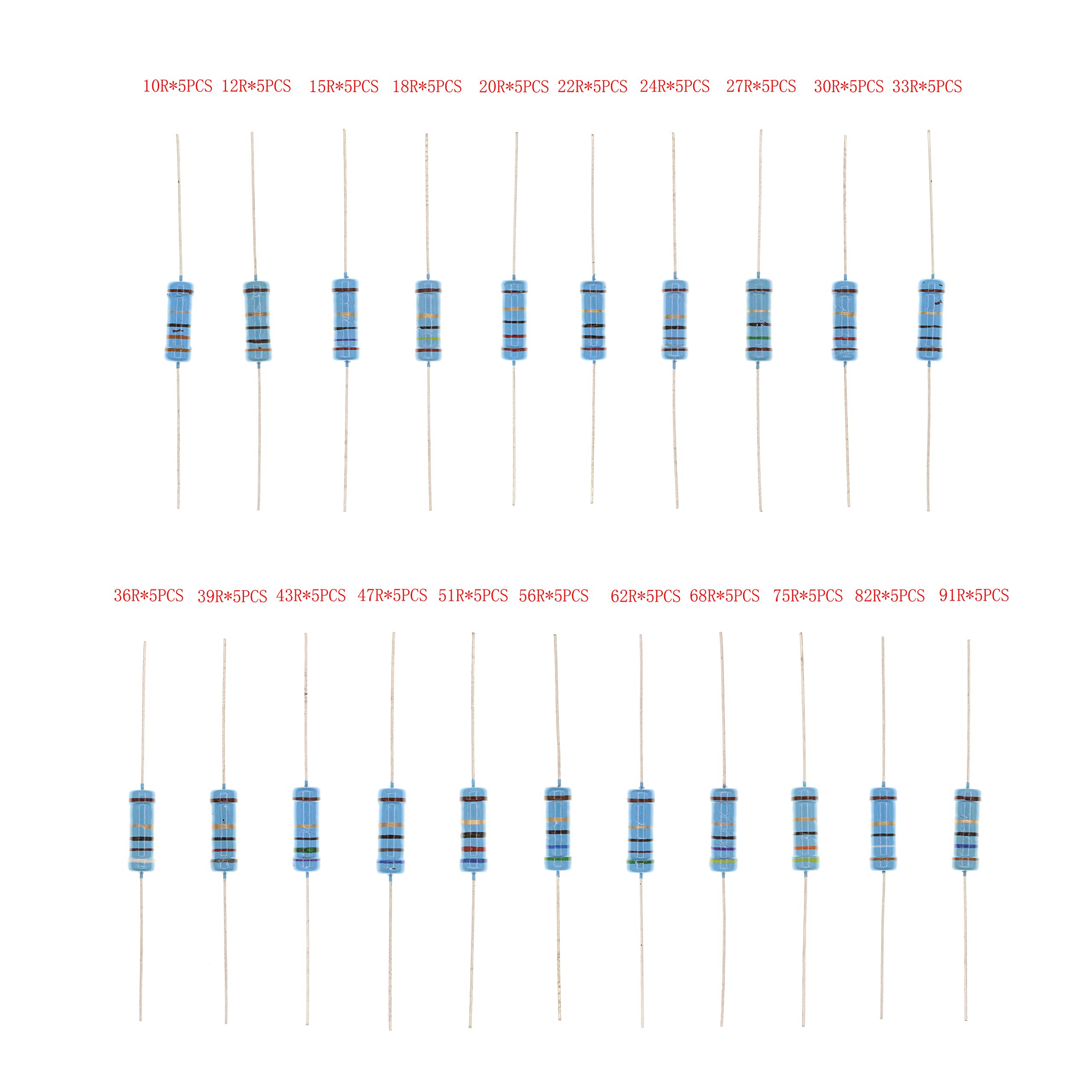 HUABAN 5PCS * 21 Values 3W 3 Watts 10 12 15 18 20 22 24 27 30 33 36 39 43 47 51 56 62 68 75 82 91 Ohm 1% Metal Film Resistor