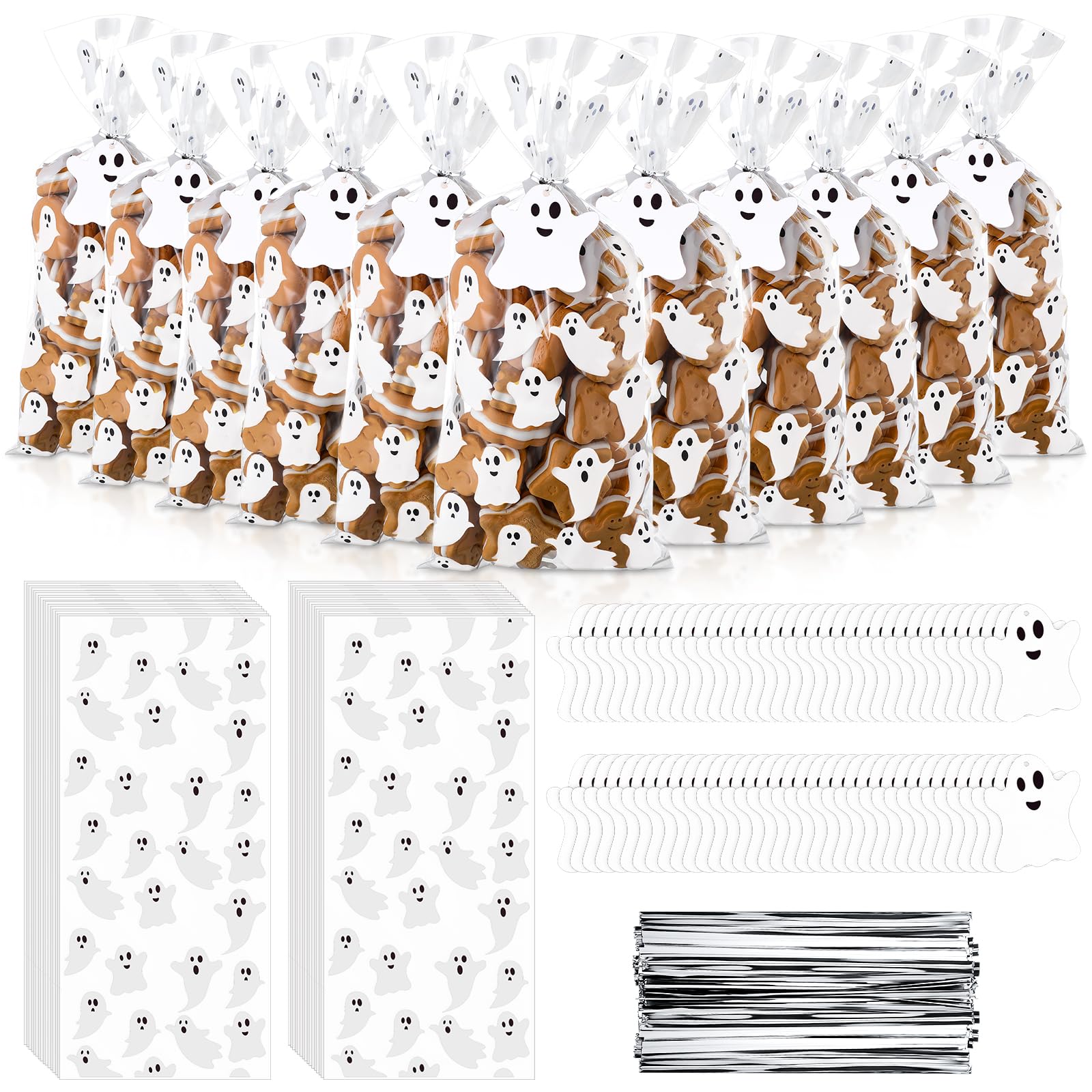 Photo 1 of Gueevin 150 Set Halloween Ghost Cellophane Treat Bags Candy Cookie Goodie Cello Bags Bulk with Twist Ties Gift Cards for Party Favor Supplies
