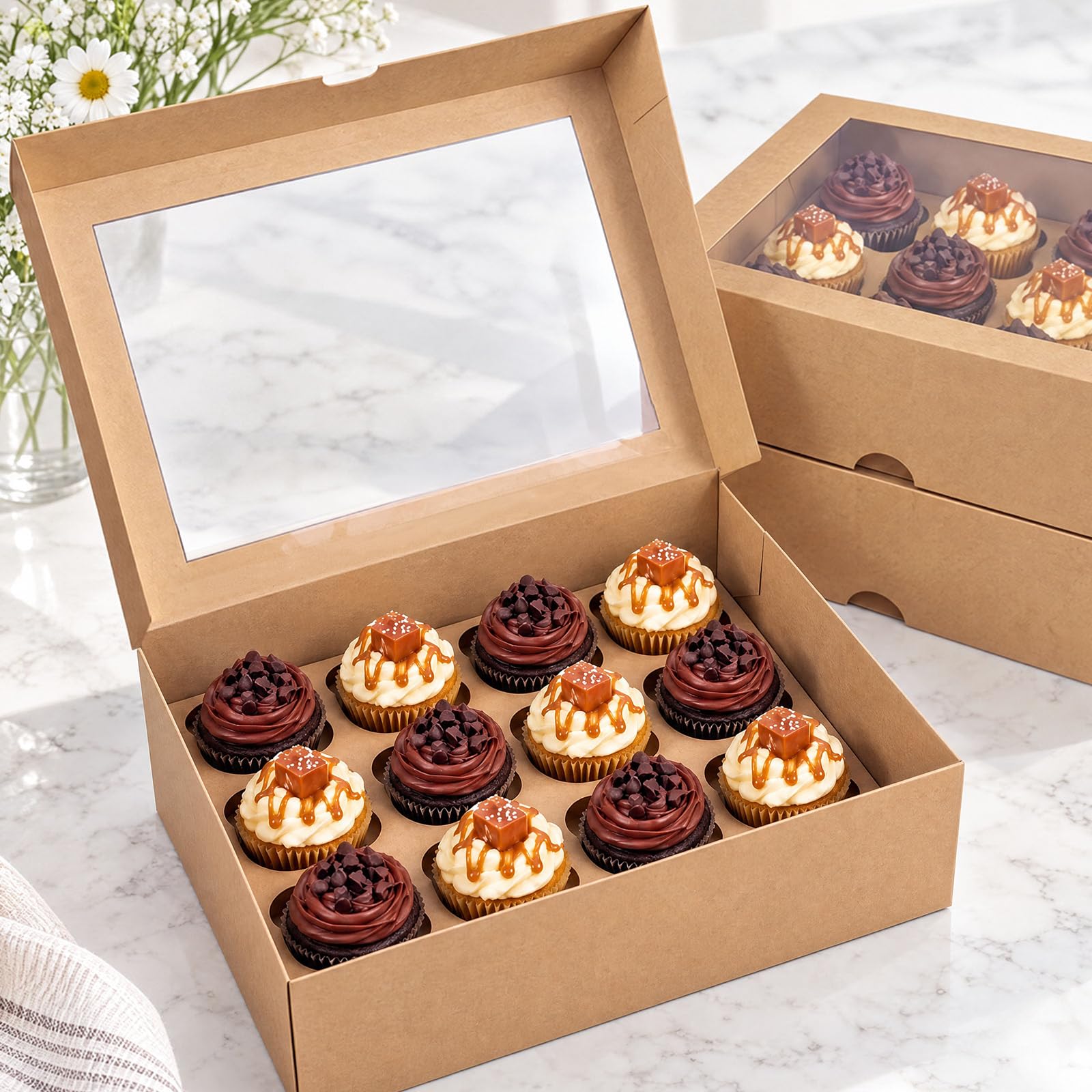 VGOODALL Auto Pop-Up Kraft Cupcake Boxes with Window, 3 Pack 12 Count