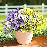 Geegoods Artificial Flowers for Outdoor, 24 Bundles UV Resistant Faux Silk Pansy Flowers for Planters & Window Boxes, Cemetery, Porch, Patio, Garden, Yard & Indoor Décor (8 White, 8 Yellow, 8 Purple)