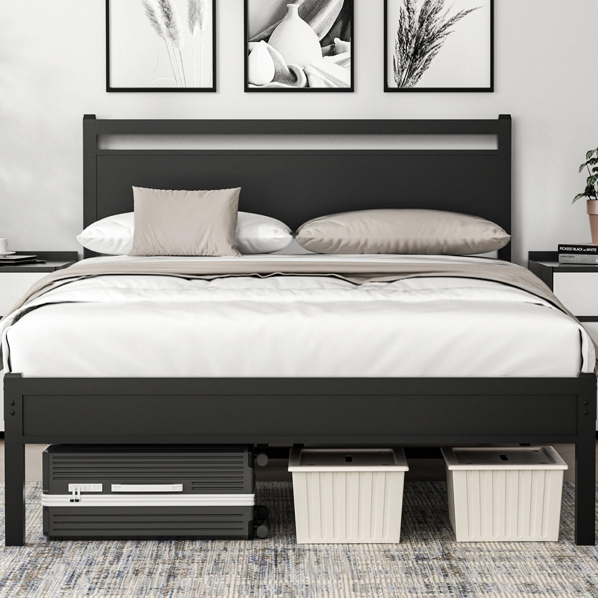 Photo 1 of ***MISSING PARTS*** Zexigtau 16 Inch Queen Bed Frame, Heavy Duty Platform Metal Queen Size Bed Frame with Headboard and Modern Wooden Footboard, Large Under Bed Storage, Quite Design, No Box Spring Needed, Black