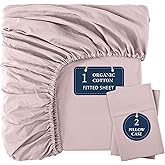 Lane Linen Twin XL Fitted Sheet, 100% Organic Cotton 2-Piece Set (1 Fitted Sheet, 1 Pillowcase), Percale Weave, Bottom Sheet, Soft, Breathable, Fits Mattress Upto 15" Deep - Sepia Rose (No Flat Sheet)