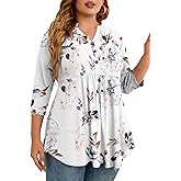 PLOKNRD Women's Plus Size Tops 3/4 Sleeve Henley V Neck Button Up Flowy T Shirts Tunic Loose Blouses