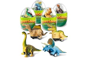 Greingways 4 Pack Dinosaur Pull Back Cars Prefilled Plastic Easter Eggs with Toys Inside Filled, Toddler Easter Basket Stuffers Egg Fillers Montessori Toys Easter Gifts for Kids Boys Girls