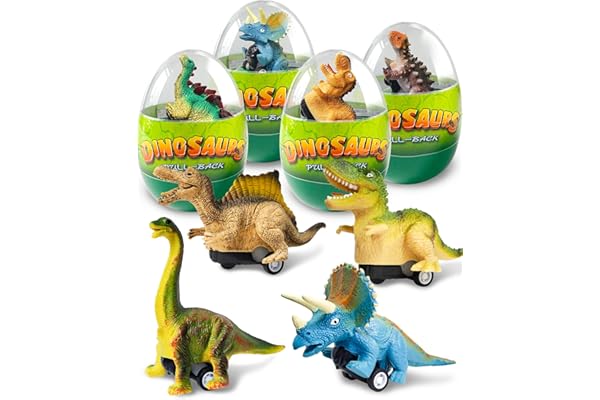 Greingways 4 Pack Dinosaur Pull Back Cars Prefilled Plastic Easter Eggs with Toys Inside Filled, Toddler Easter Basket Stuffe