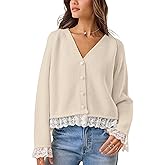 STURWBEZ Womens Lace Trim Cardigan Sweater Elegant Casual Long Sleeve Open Front Button Down V Neck Laces Edge Knit Top