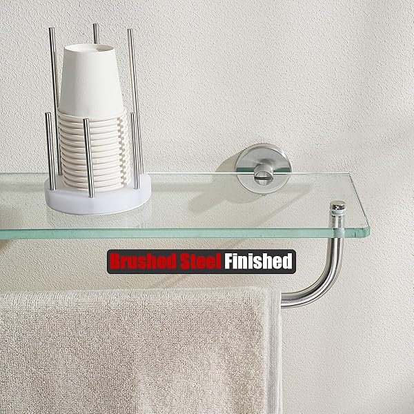 JQK BATHROOM GLASS SHELF, SHELF WITH 19 INCH TOWEL BAR TEMPERED GLASS SHOWER STORAGE 20 BY 5 INCHES, 304 STAINLESS STEEL BRUSHED FINISH WALL MOUNT, TGS100L20-BN