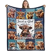 Wazzio Highland Cow Blanket, Just A Girl Who Love Highland Cow Gifts for Christmas Thanksgiving, Cute Throw Blanket for Girl on Sofa Couch Bed Room 50"x 60"