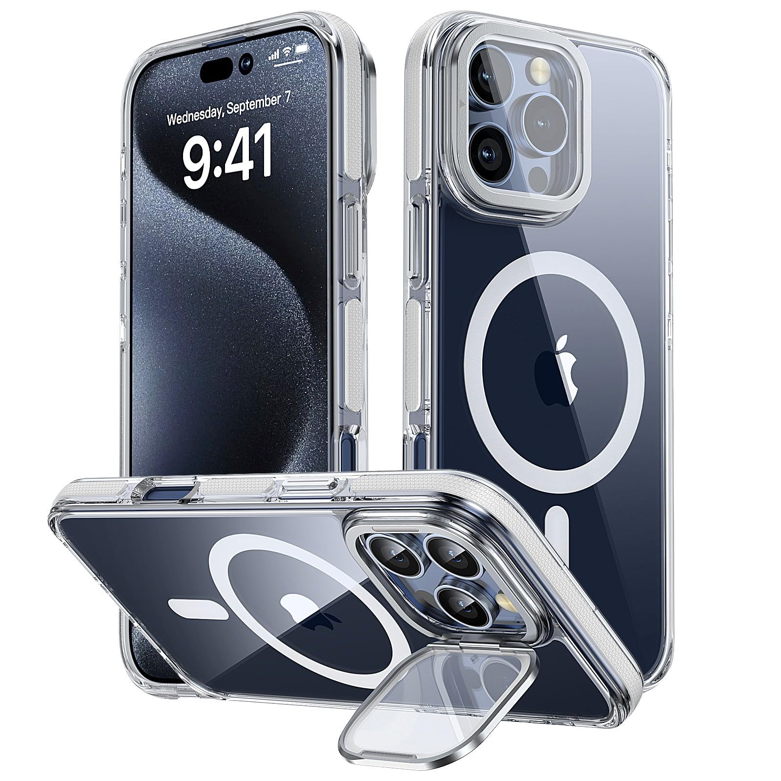 Photo 1 of Moupiro for iPhone 16 pro max Case [Compatible with MagSafe][Built-in Stand Phone Case] Full Camera protetction for iPhone 16 pro max Phone Case 6.9 inch?White Clear