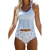 Beachsissi Women's Bathing Suit Tie Shoulder Stripe Print Cute Tankini Sets