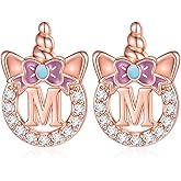 C-leen Unicron Initial Earrings for Girls Teens, 925 Sterling Silver Post Stud Earrings Initial Unicorn Earring Birthday Christmas Gifts for Girls Teens