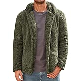 Runcati Mens Fuzzy Sherpa Hoodie Long Sleeve Button Down Fleece Jackets Casual Winter Hooded Sweatshirt