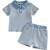 VISGOGO Baby Boy Summer Outfit Striped Short Sleeve T-shirt Toddler Boy Summer Clothes 6 12 18 Months 2 3 4 T Short Set