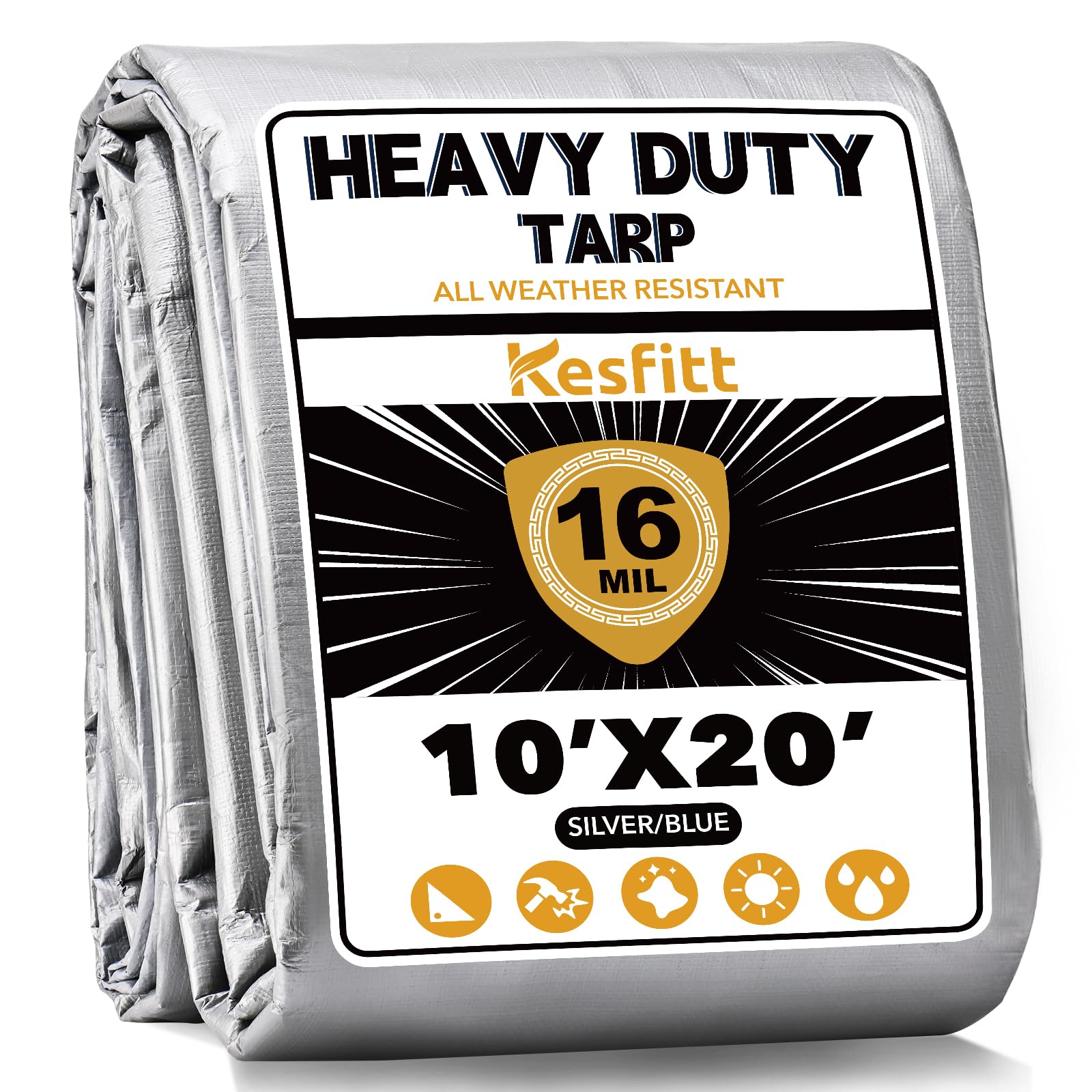 Kesfitt 16 Mil Heavy Duty Waterproof Tarp with Metal Grommets, 10x20 ft, Silver & Blue Reversible Poly Tarp for Outdoor Protection, Yard, Worksite, Equipment, Veicles,Pools Coverage Image