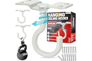 PAMAZY [UPGRADED] 2Pcs 200LBS Rotatable Ceiling Hooks with 4 Screw Points Base, Wall Mount Metal Hanger White Ceiling Hook for Hanging Plant, Bird Feeder, Lights, Bed Canopy, Wind Chime, Indoor Outdoor Decor