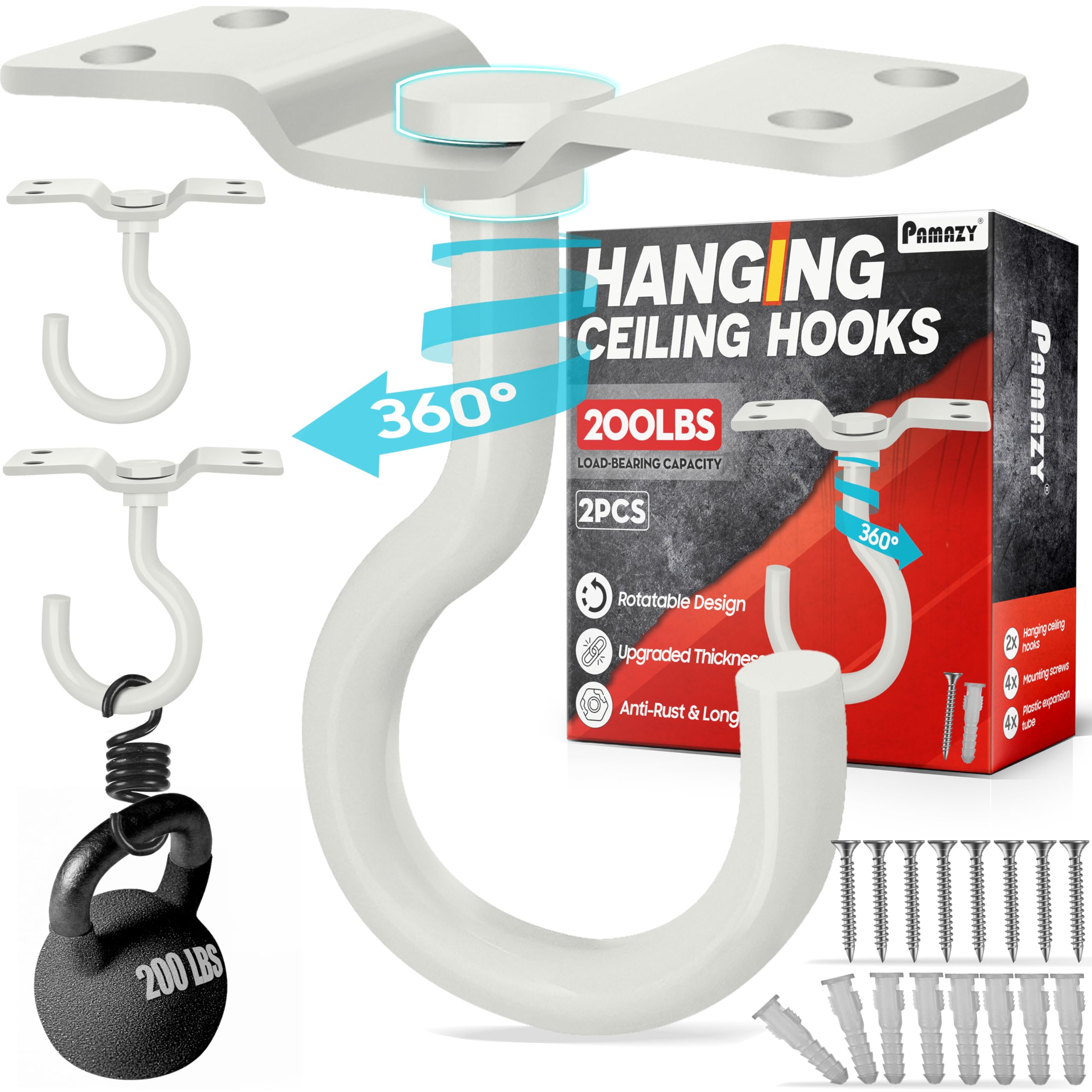 Photo 1 of [UPGRADED] 2Pcs 200LBS Rotatable Ceiling Hooks with 4 Screw Points Base, Wall Mount Metal Hanger White Ceiling Hook for Hanging Plant, Bird Feeder, Lights, Bed Canopy, Wind Chime, Indoor Outdoor Decor