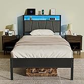 Z-hom Storage Headboard with Charging Station Twin Bed Frame, LED Bed with Upholstered Headboard and Footboard, Metal Platform Bed with 2-Tier Shelves, Easy Assembly, No Box Spring Needed, Noise Free