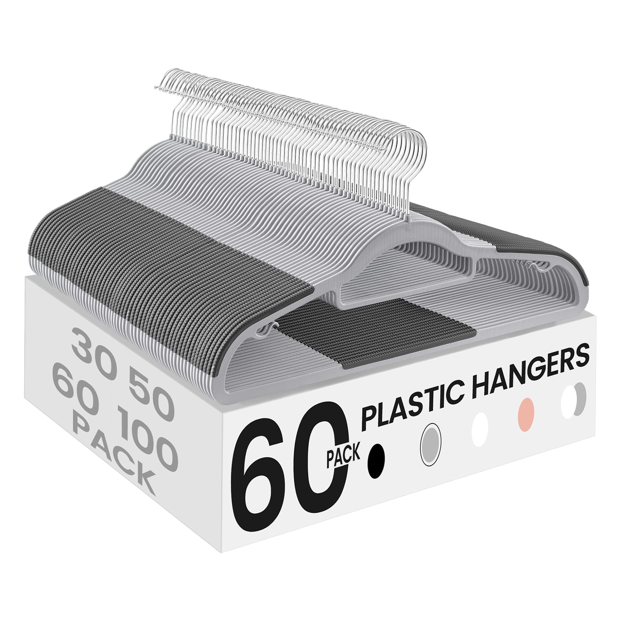 SONGMICS Pack of 60 Coat Hangers, Space-Saving Plastic Clothes Hangers, Non-Slip, 0.2 Inches Slim, 16.5 Inches Wide, 360° Swivel Silver Hook, Light and Dark Gray UCRP0020G01 Image