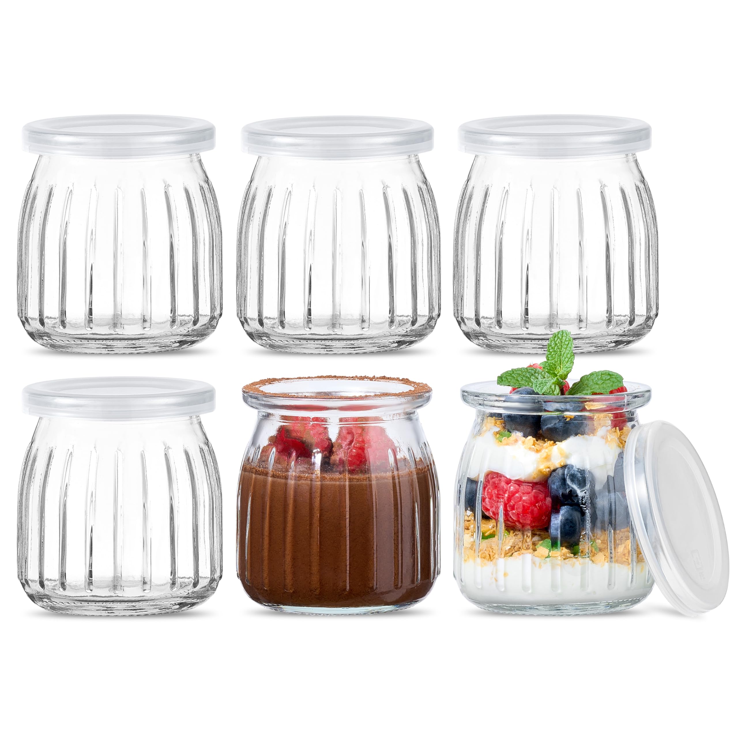Danmu Art 6 Pcs Yogurt Pudding Glass Storage Jars with Plastic Lids Vertical Pattern Glass Bottles (200ml)