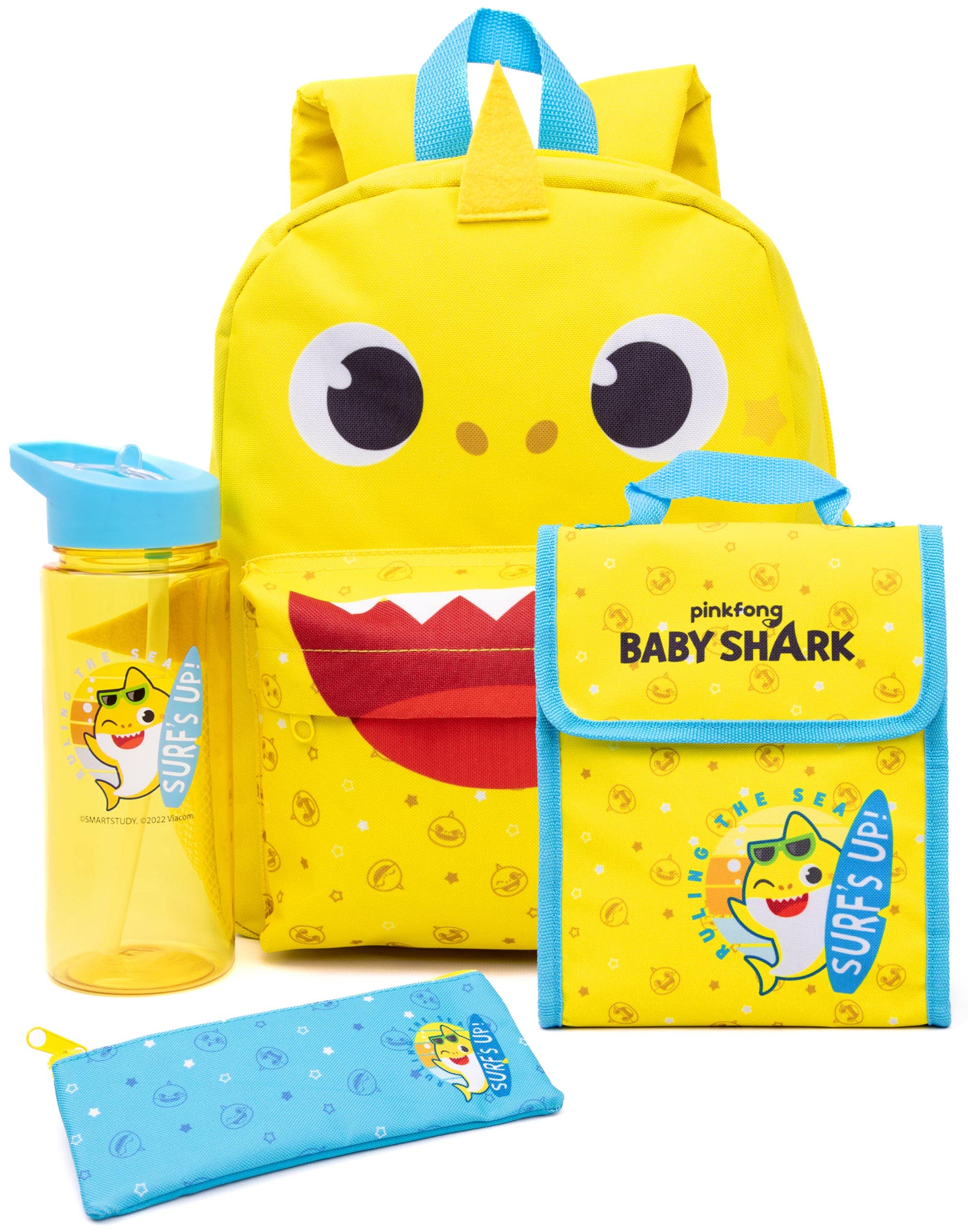 Baby Shark Backpack And Lunch Box Set For Toddlers | Boys Girls 4 Piece Song Rucksack, Lunch Box, Pencil Case, Water Bottle | Yellow Blue 3D Shark Fins