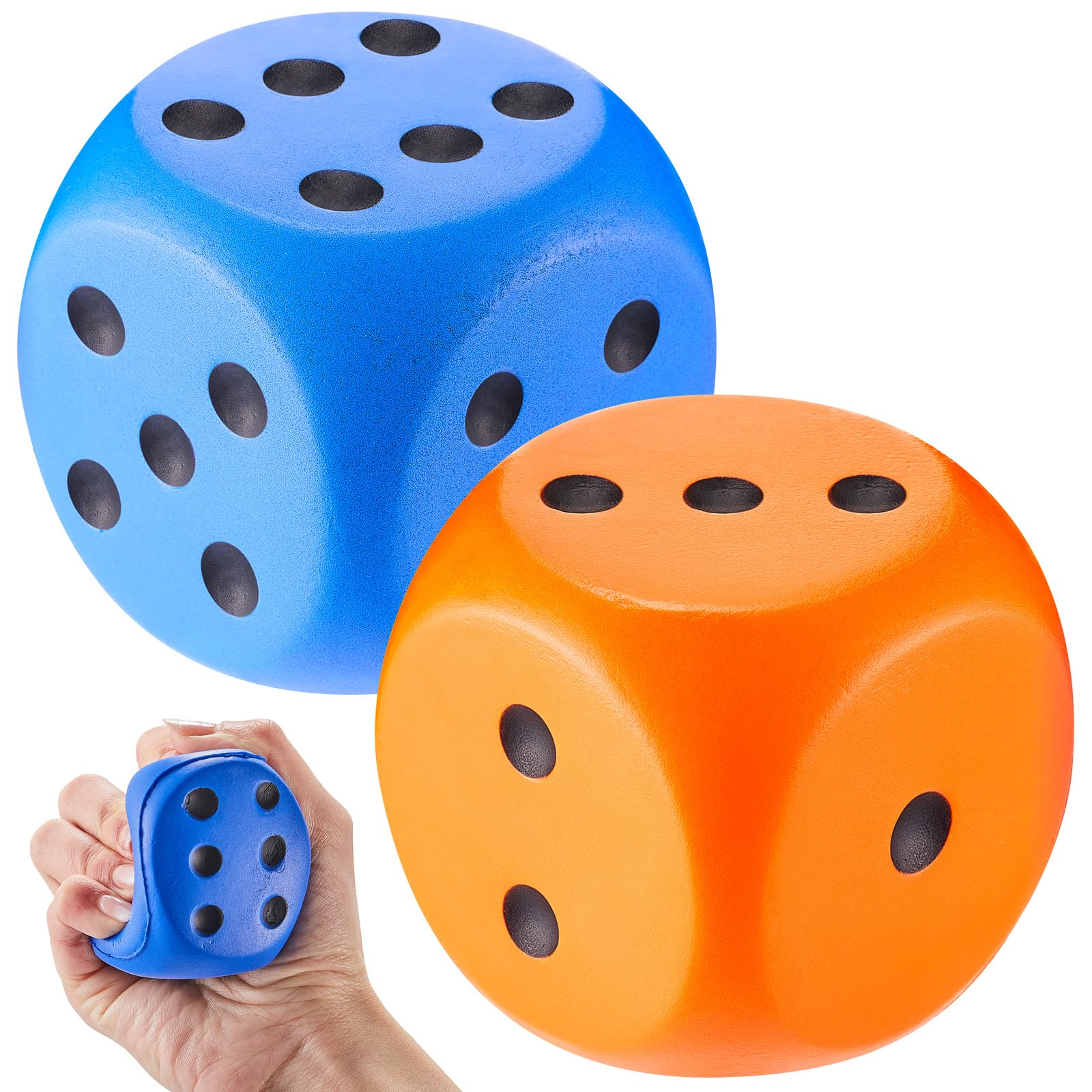 Photo 1 of Zomiboo 2 Pcs Large Foam Dice for Classroom Stress Balls Soft Jumbo 6 Sided Giant Dice Educational Learning Squeeze Anxiety Relieve Toy Gifts for Adults Kids Board Game(Blue, Orange,2.3 Inch)