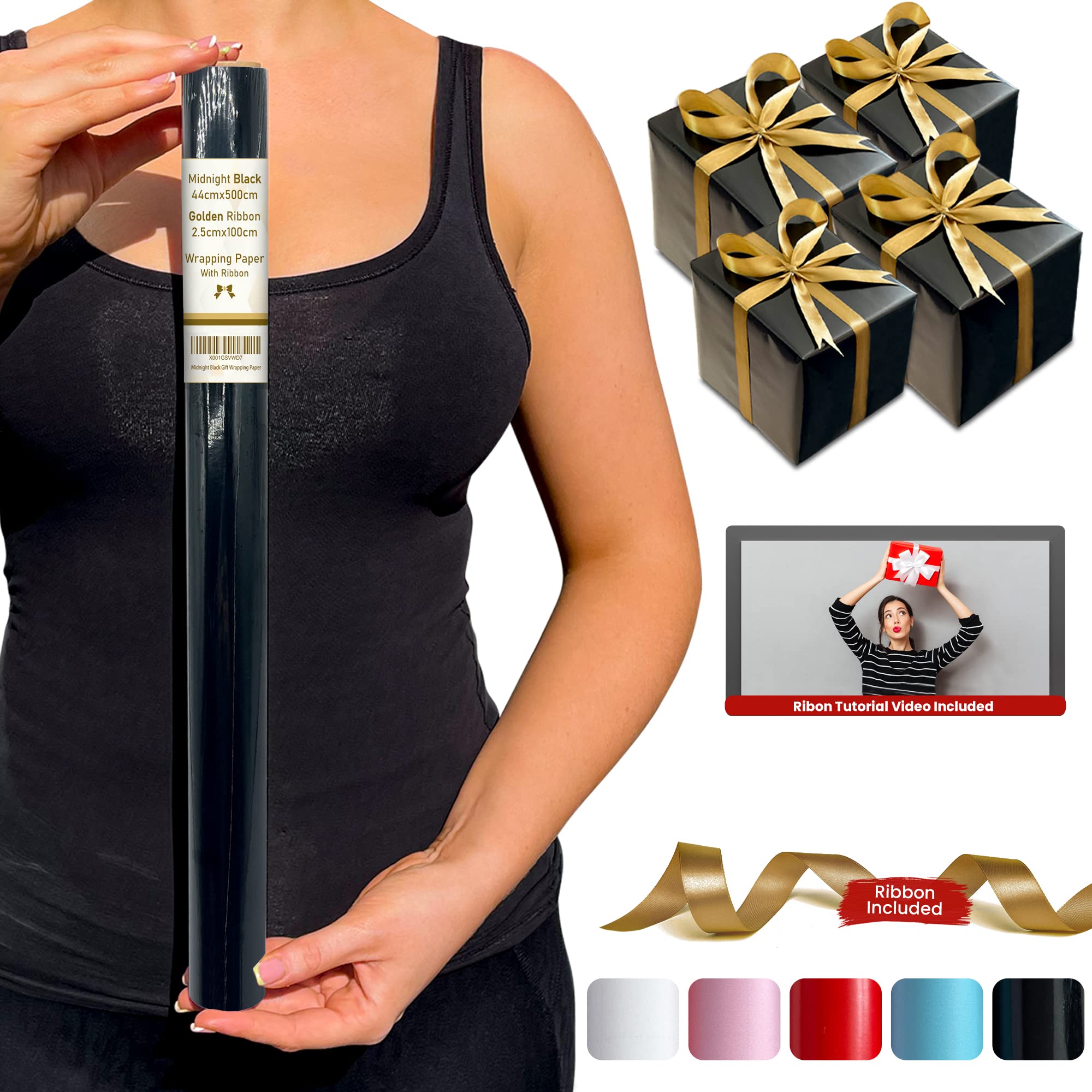 Empire Midnight Black Wrapping Roll, 44cm x 500cm Gift Wrap, 80 GSM Birthday Gift Wrap with 2.5cm x 1000cm Ribbon, Roll with Cutting Lines
