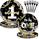 Greencian 72Pcs Notorious One Birthday Party Supplies Black Gold 1st Plates and Napkins Disposable Retro Hip Hop First Tableware Set for Boys One Year Old Birthday Party Decorations Serves 24